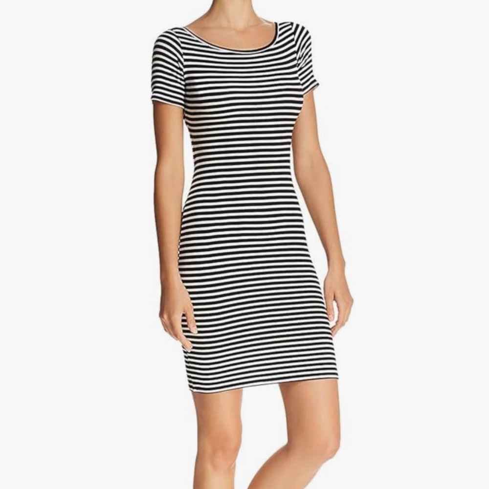 Olivaceous Sz S Dress Striped Lace-Up Open Back Mini Black White Classic Casual
